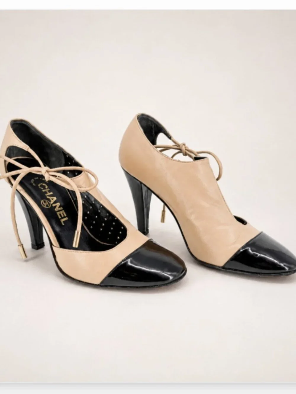 Chanel CC Two Tone Cutout Bootie Pumps Heels Beige Black Size 39 US 9
